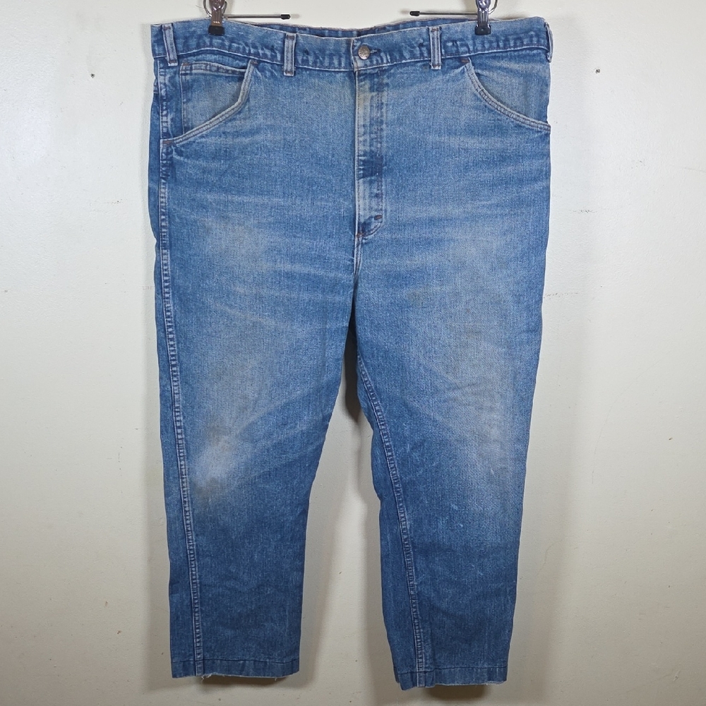 VTG KEY Saddle King Faded Distress Blue Denim 44x25.5 Jeans USA Suspender Button